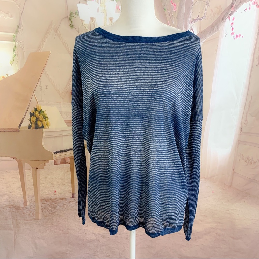 VINCE Striped Mixed Linen Round Neck Long Sleeve top
